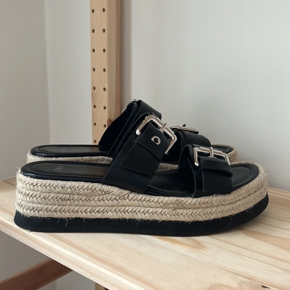 Zara (VGUC) | Black Leather Wedges Slip Sandals with Buckle and Platform - Picture 5 of 16